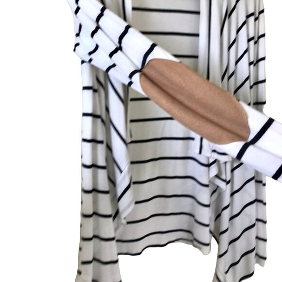 Mon Ami Women's White Black Striped Waterfall Cardigan Academia Elbow Patches. - Picture 3 of 5